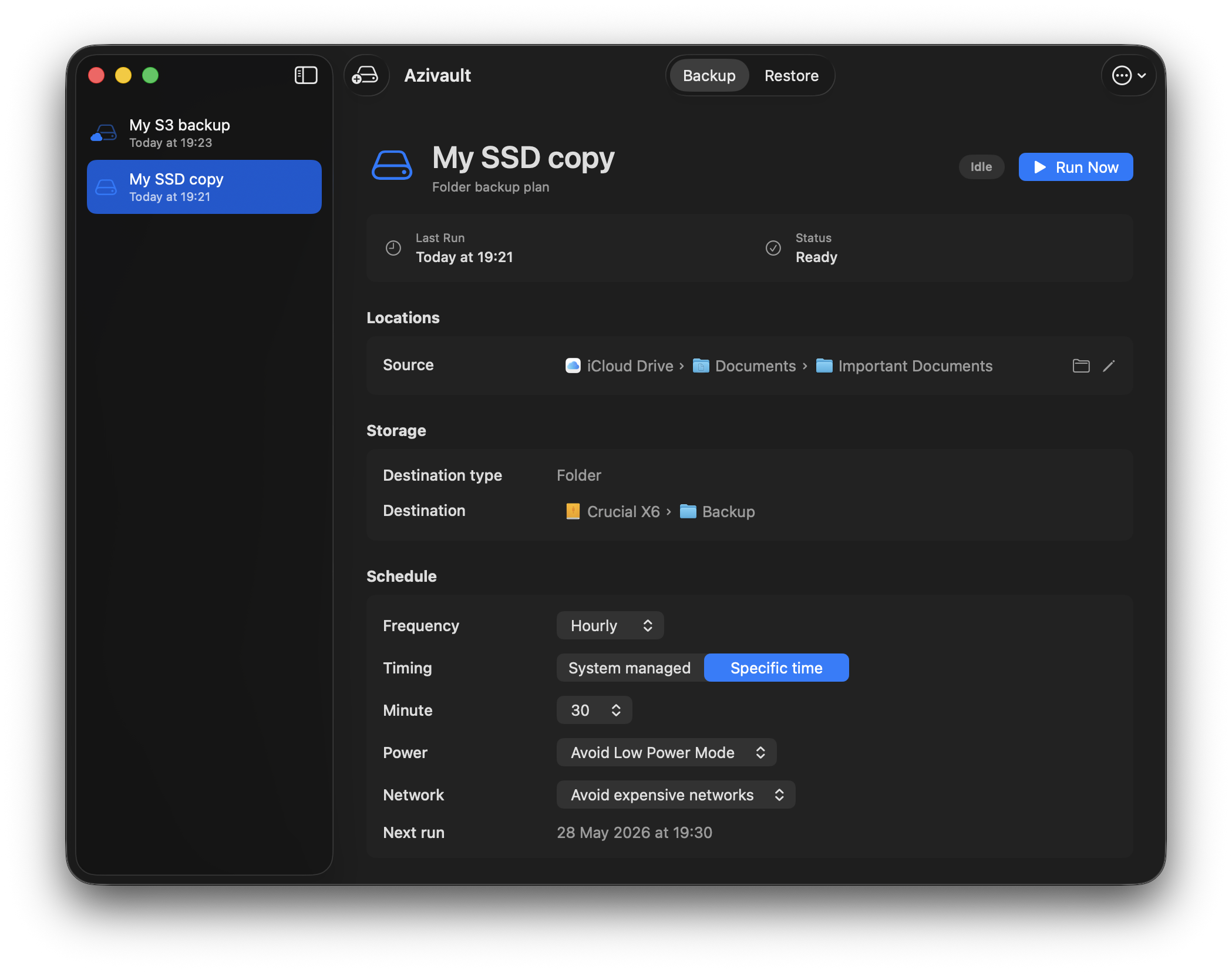 Azivault folder backup plan screen